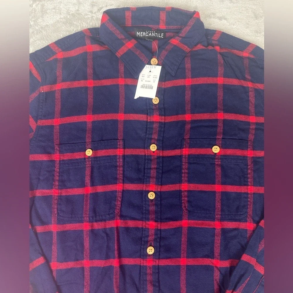 J Crew Mercantile Flannel Shirt Mens Med Long Sleeve Button Plaid Red‎ Navy New